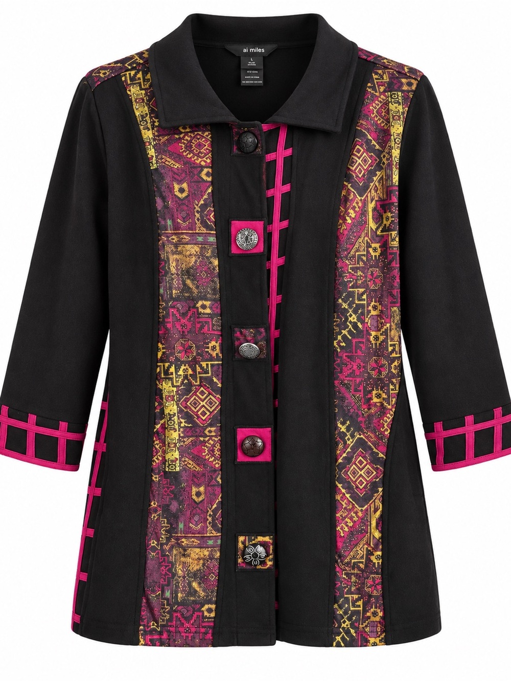 Ali Miles Small Black Pink Geometric Art To Wear Jacket Lagenlook Tunic Coat
